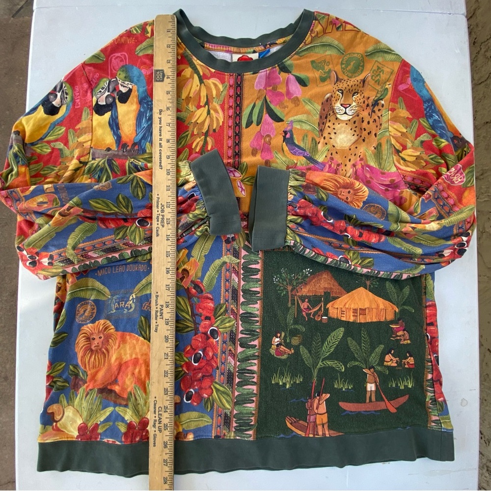 FARM Rio Anthropologie Brazil Jungle Leopard Parrot Sweatshirt Top women’s xl - Picture 9 of 16